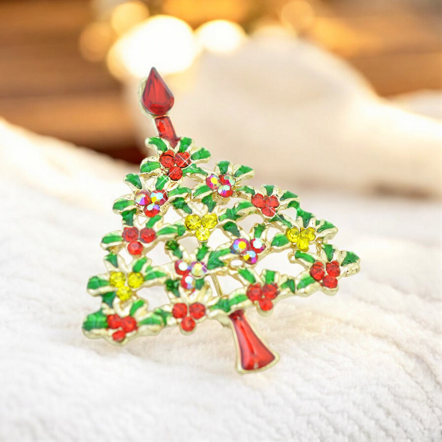 Weihnachtsbrosche Tannenbaum bunt / goldfarben