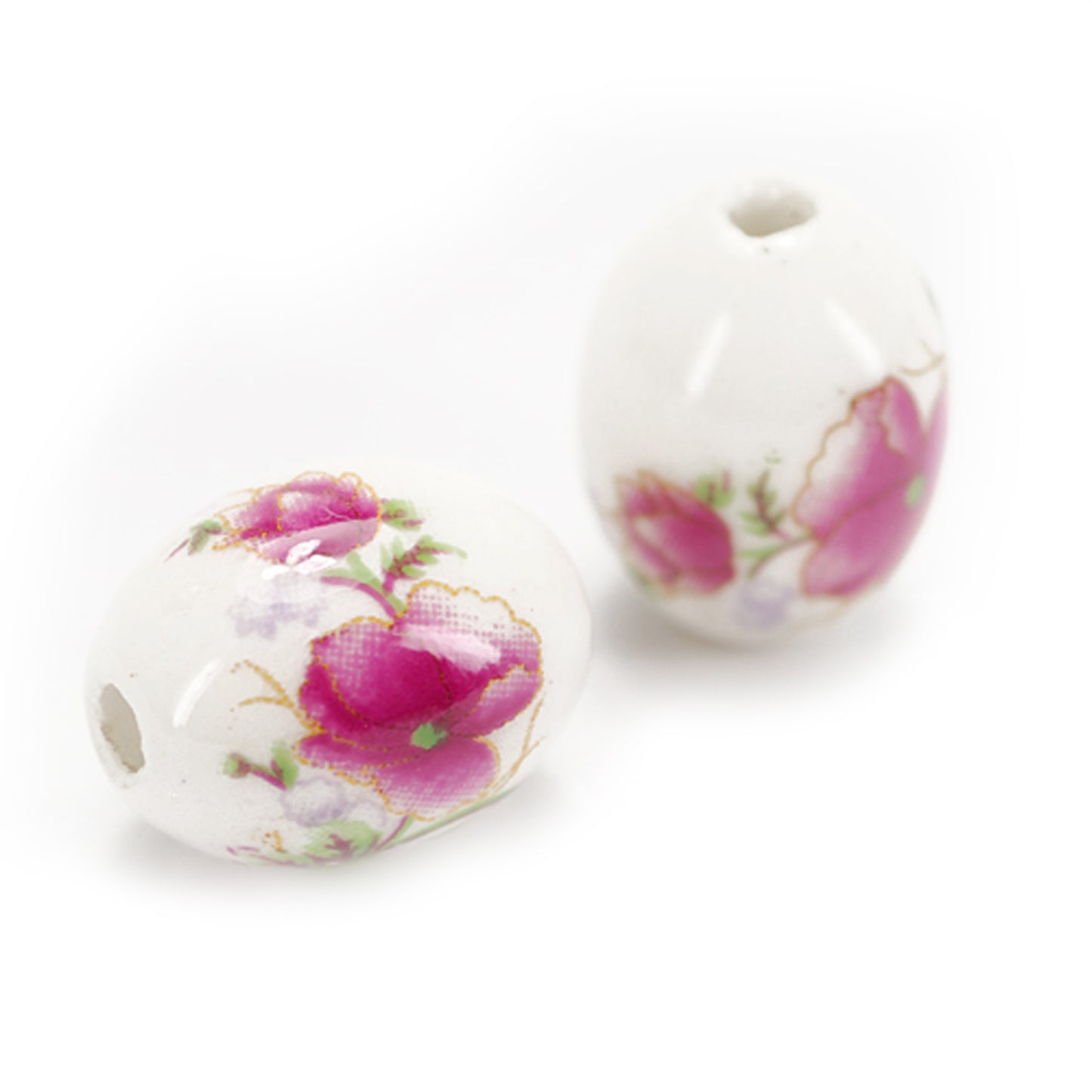 Porzellan Perle Blumen oval weiss pink / 18 mm