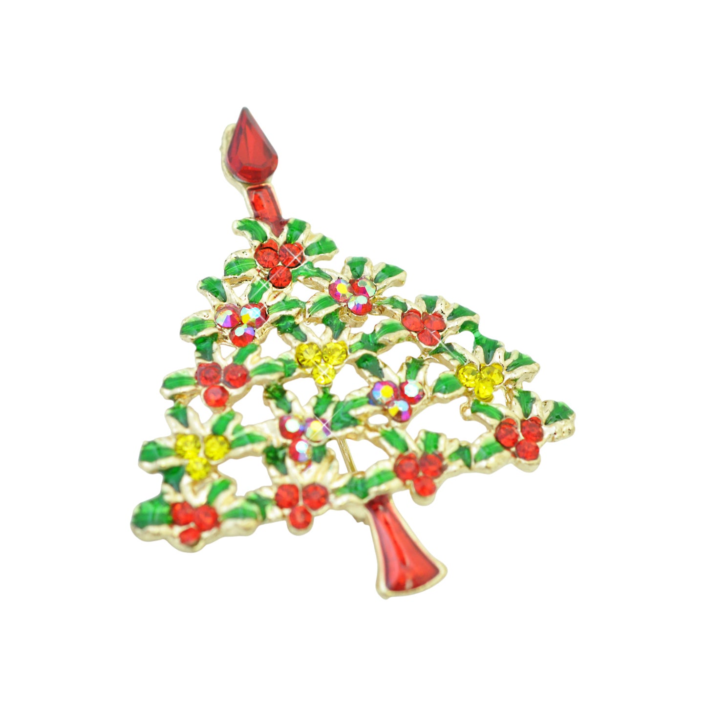 Weihnachtsbrosche Tannenbaum bunt / goldfarben