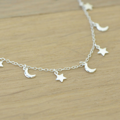 Choker Kette "Mond & Sterne" / 925er Sterling Silber / 32 + 5 cm