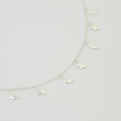 Choker Kette "Mond & Sterne" / 925er Sterling Silber / 32 + 5 cm