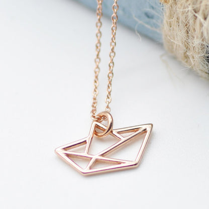 Zarte Origami Papierboot Papierschiff Kette / 925er Sterling Silber 18k rosévergoldet / Feine Erbskette